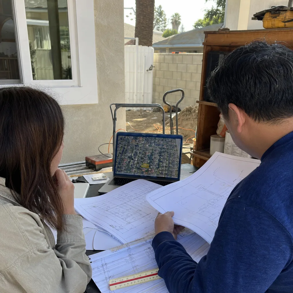 Architects reviewing ADU floor plans and site maps on a laptop