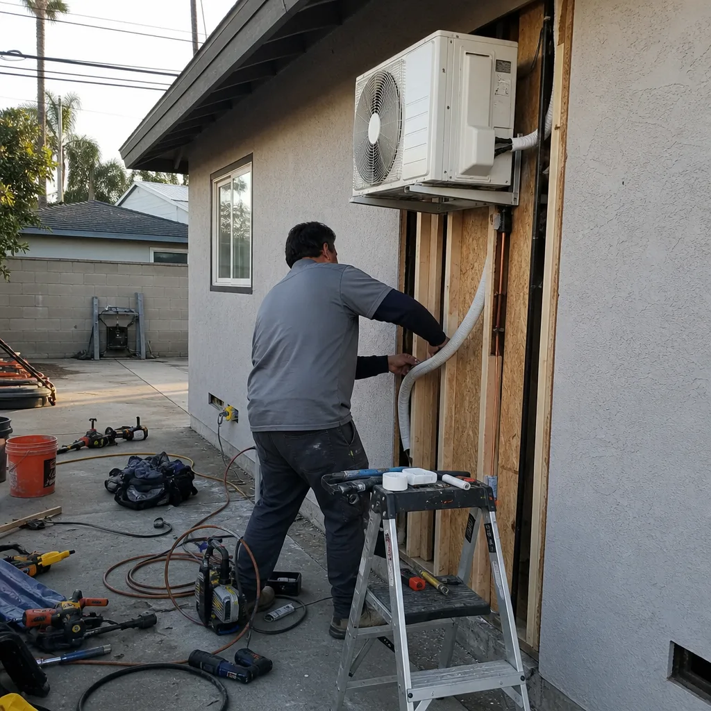 Professional contractor installing HVAC unit on a garage conversion ADU.