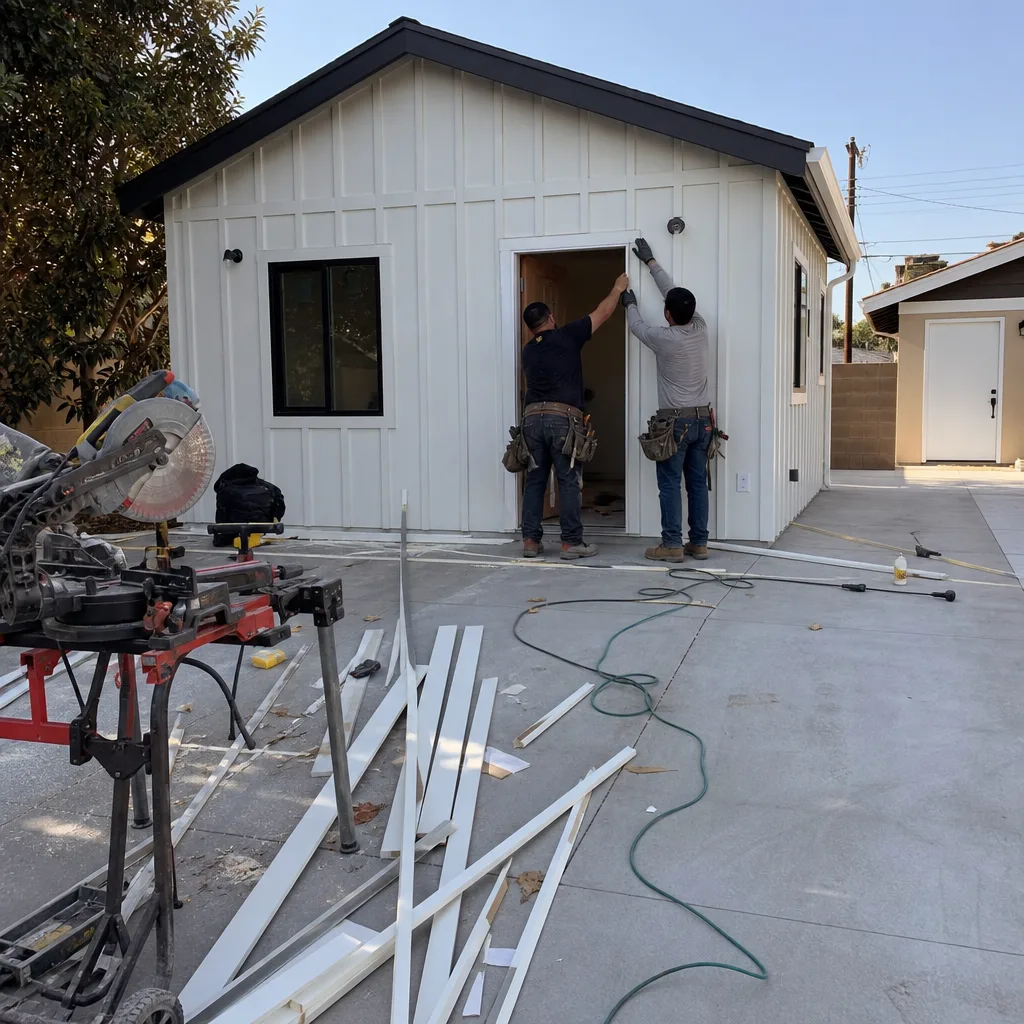 Contractors installing exterior door trim on a modern detached ADU structure