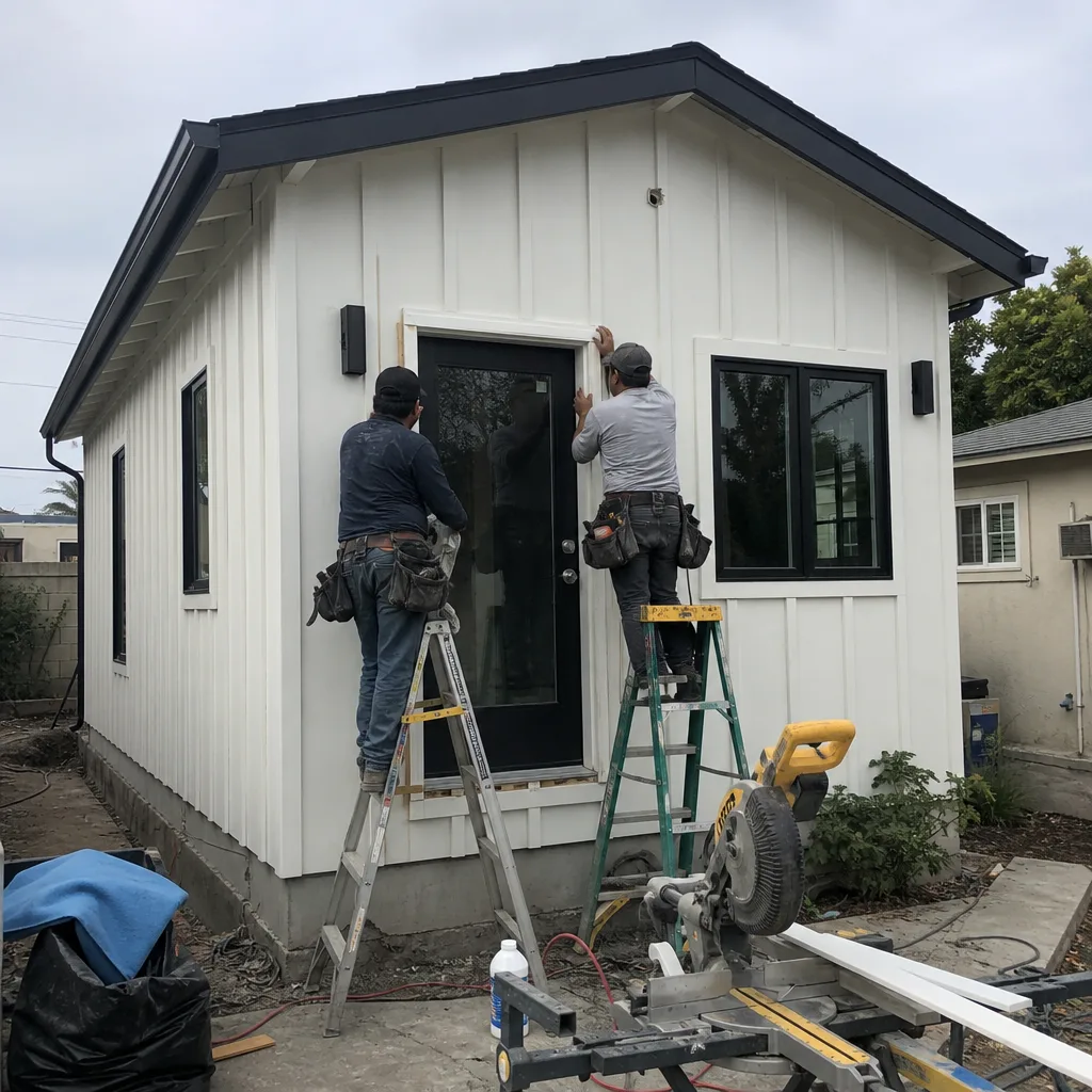 Contractors installing exterior trim on a modern detached ADU structure