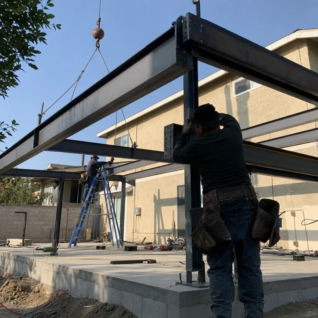 Workers installing steel beams for a new detached ADU construction project